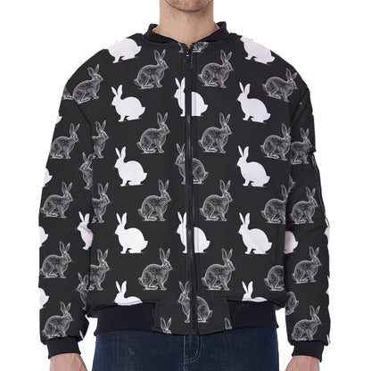 Black And White Rabbit Pattern Print Zip Sleeve Bomber Jacket