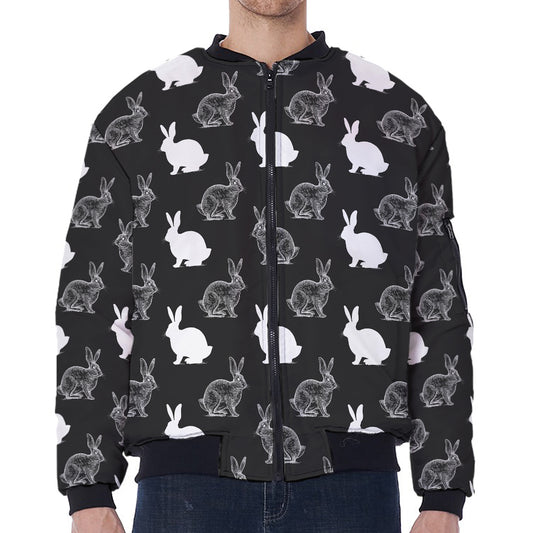 Black And White Rabbit Pattern Print Zip Sleeve Bomber Jacket