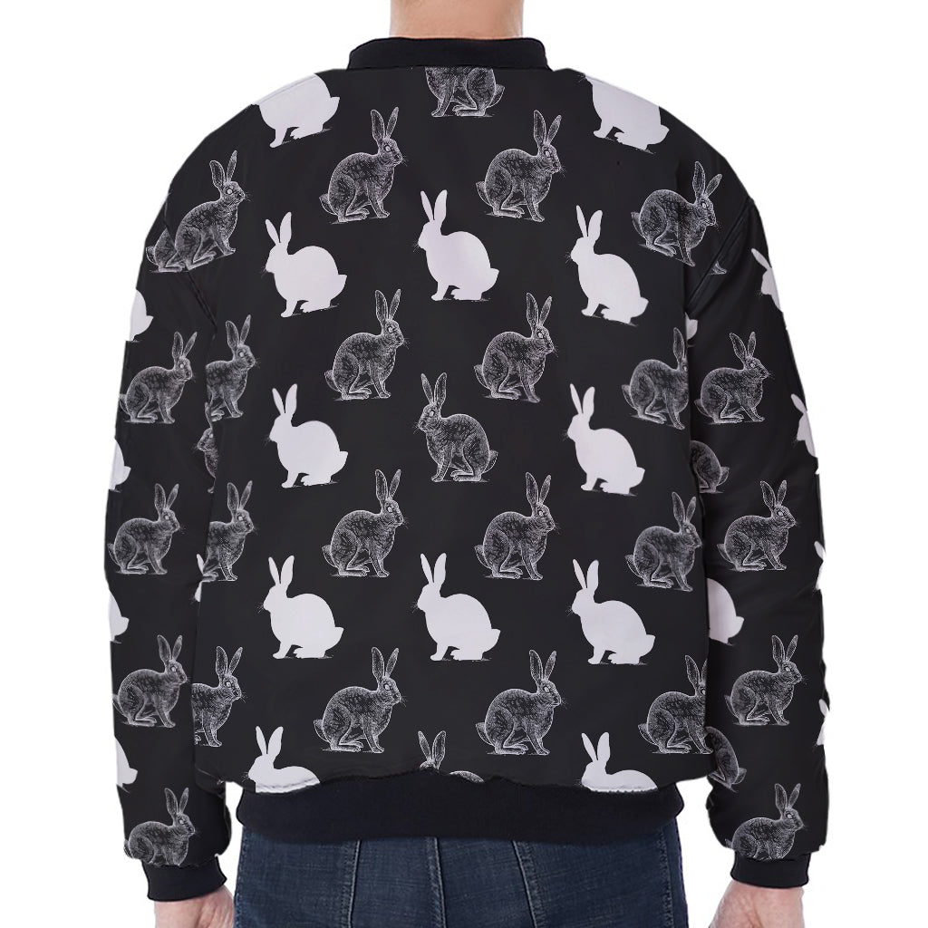 Black And White Rabbit Pattern Print Zip Sleeve Bomber Jacket