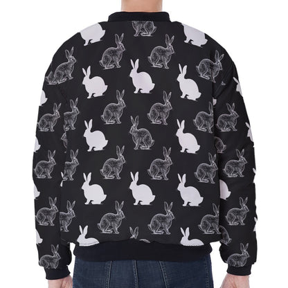 Black And White Rabbit Pattern Print Zip Sleeve Bomber Jacket