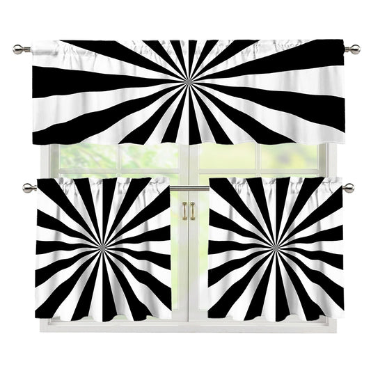 Black And White Radial Rays Print 3 Piece Kitchen Curtains