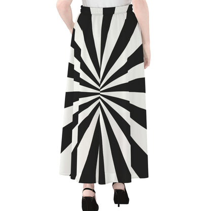 Black And White Radial Rays Print Chiffon Maxi Skirt