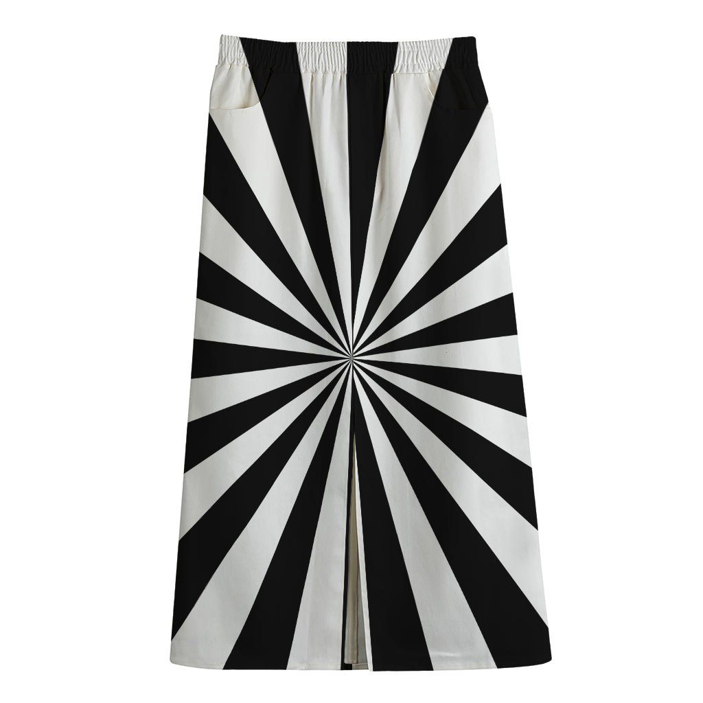 Black And White Radial Rays Print Cotton Front Slit Maxi Skirt