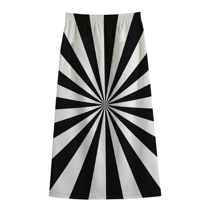 Black And White Radial Rays Print Cotton Front Slit Maxi Skirt