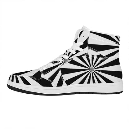 Black And White Radial Rays Print High Top Leather Sneakers