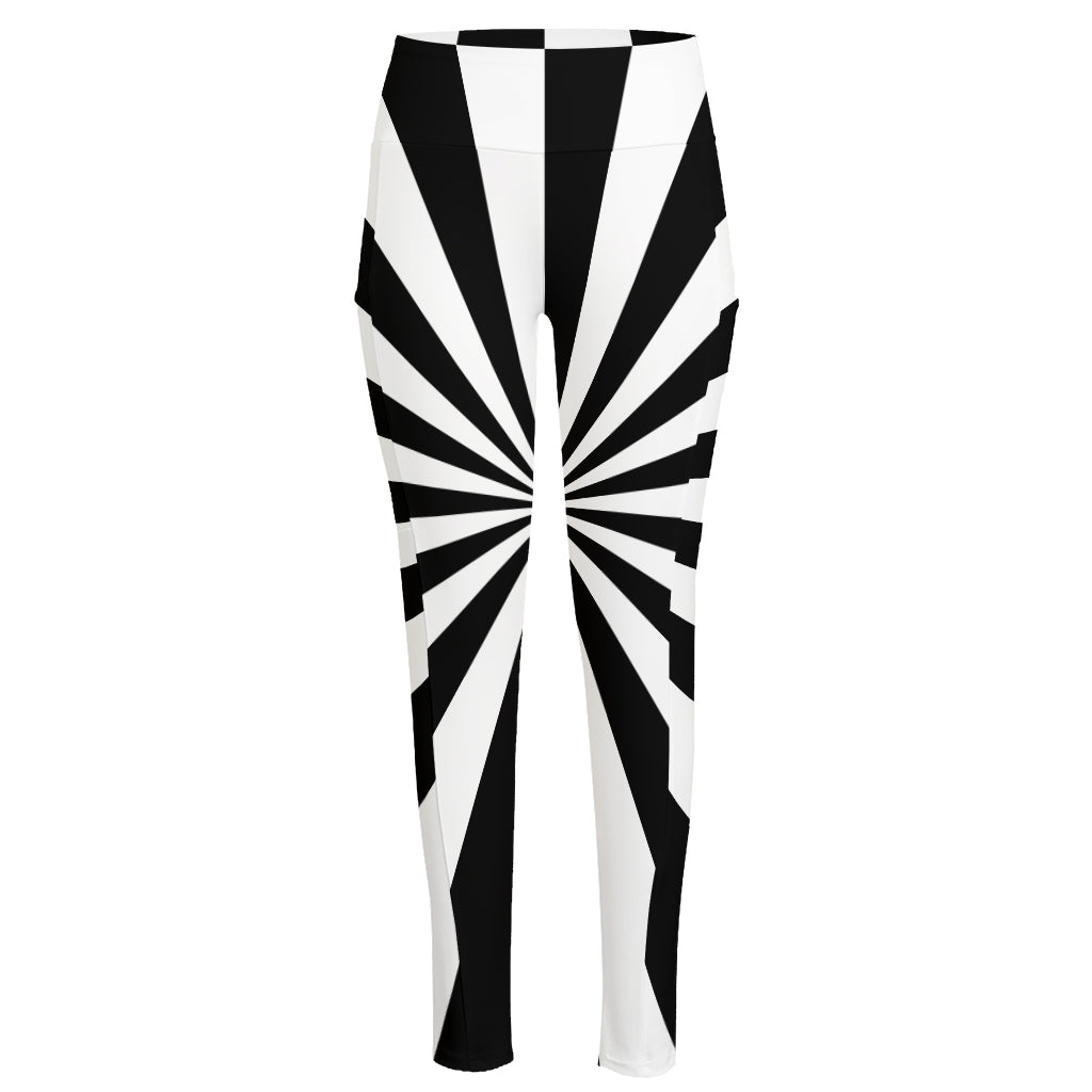 Black And White Radial Rays Print High-Waisted Pocket Leggings