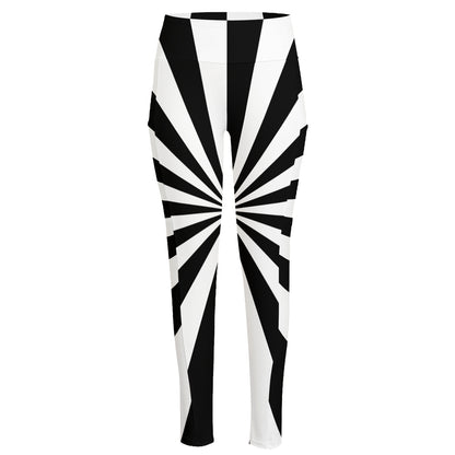Black And White Radial Rays Print High-Waisted Pocket Leggings