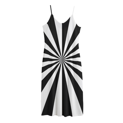 Black And White Radial Rays Print Jersey Midi Cami Dress