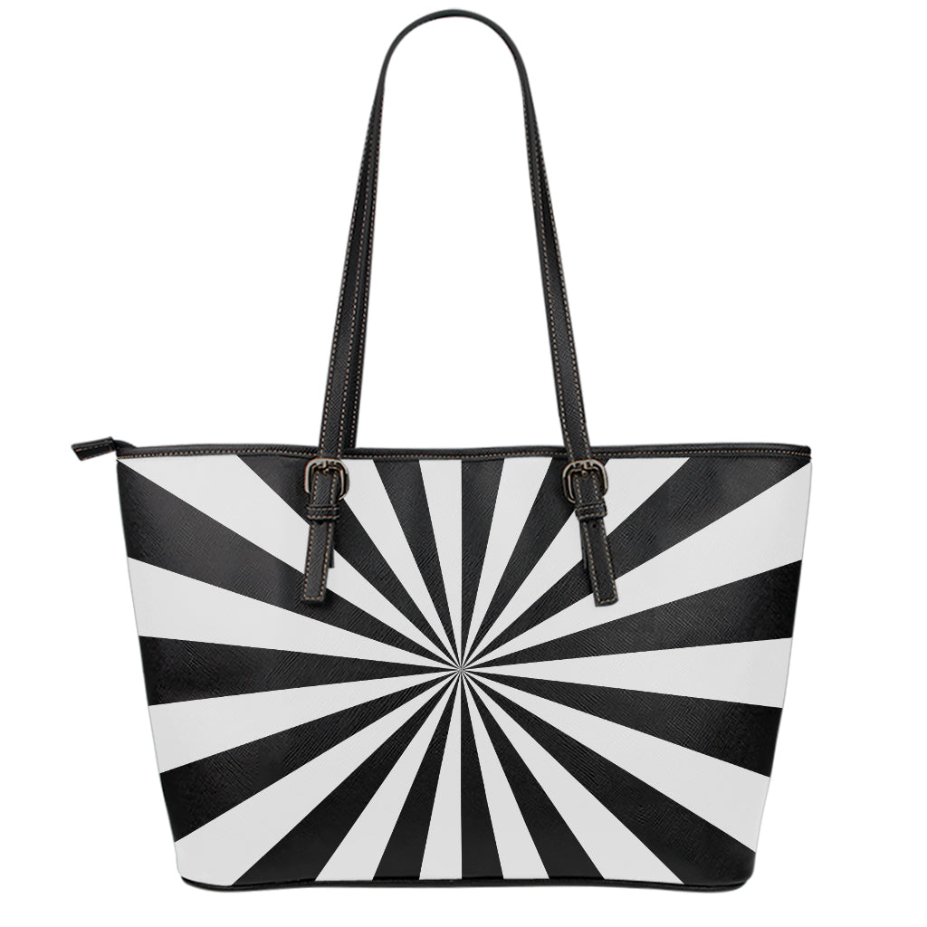 Black And White Radial Rays Print Leather Tote Bag