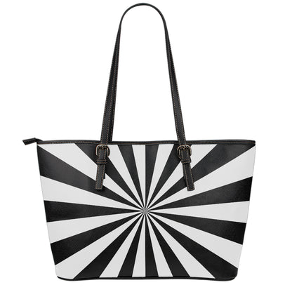 Black And White Radial Rays Print Leather Tote Bag