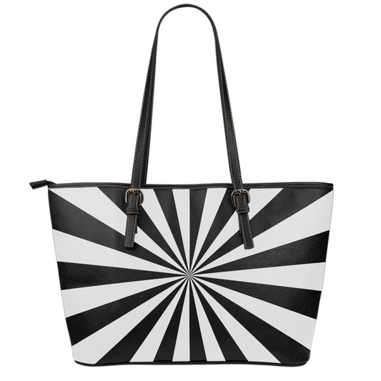 Black And White Radial Rays Print Leather Tote Bag