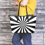 Black And White Radial Rays Print Leather Tote Bag