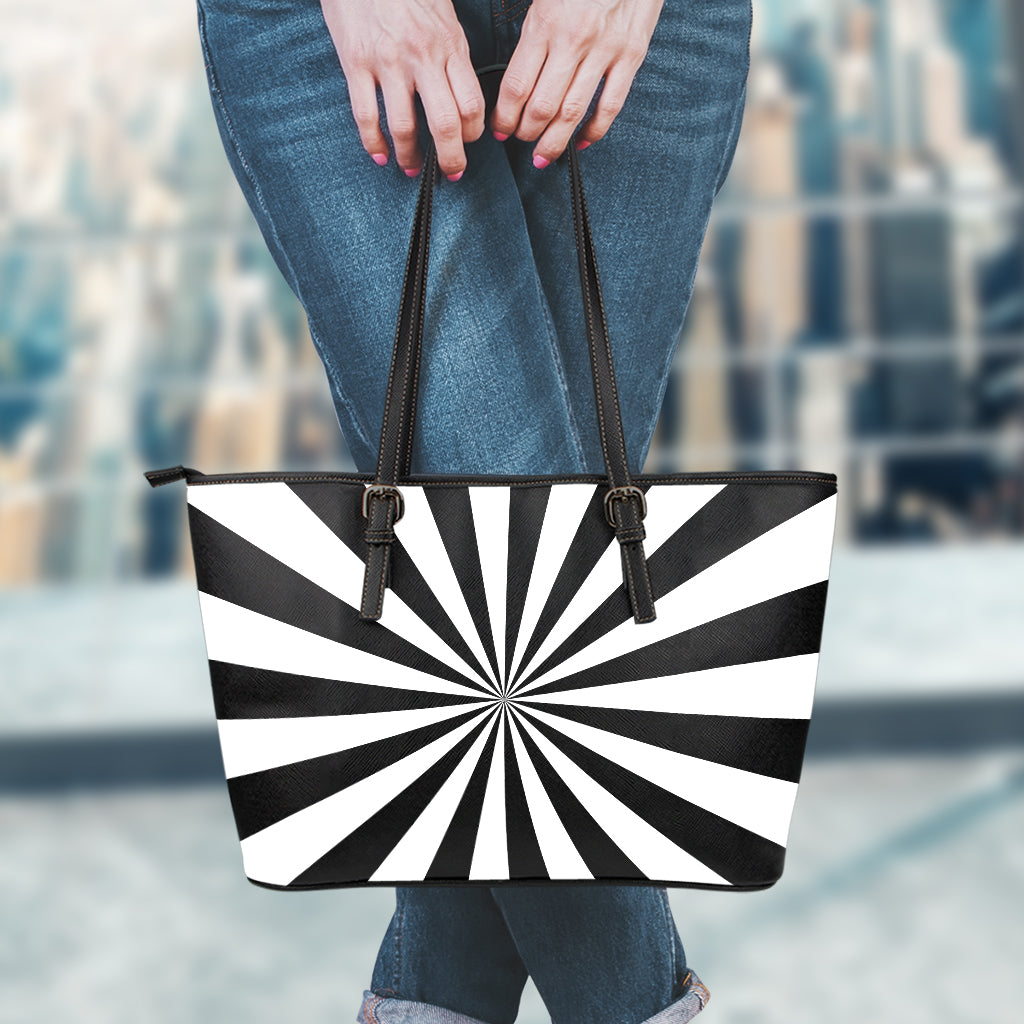 Black And White Radial Rays Print Leather Tote Bag