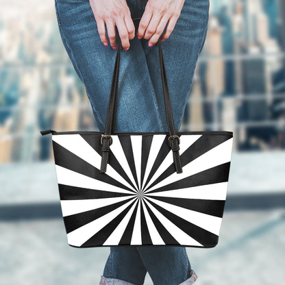 Black And White Radial Rays Print Leather Tote Bag