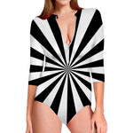 Black And White Radial Rays Print Long Sleeve Swimsuit