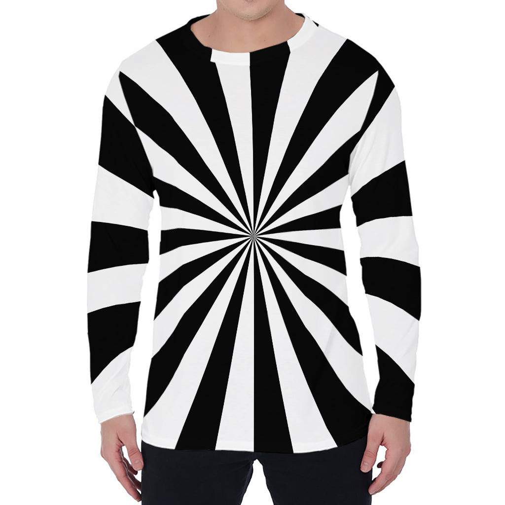 Black And White Radial Rays Print Men's Long Sleeve T-Shirt