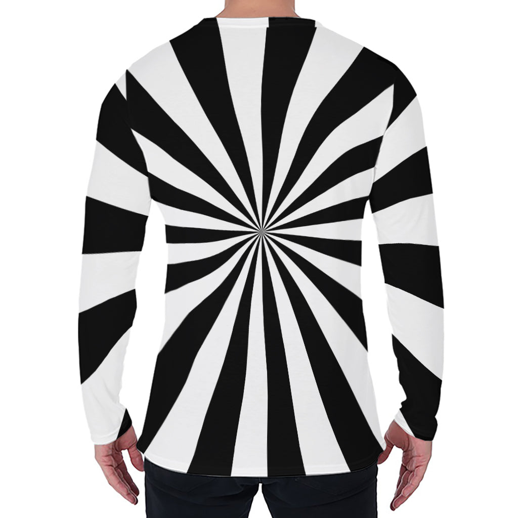 Black And White Radial Rays Print Men's Long Sleeve T-Shirt