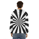 Black And White Radial Rays Print Men's Velvet Pullover Hoodie