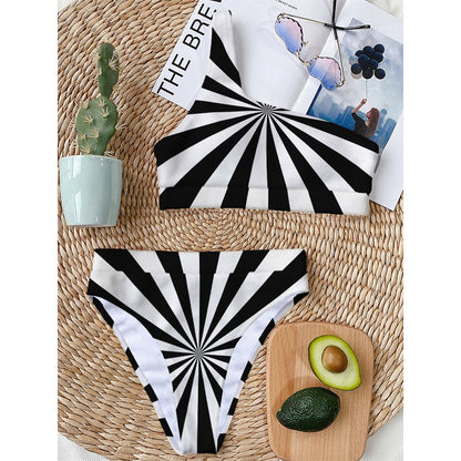 Black And White Radial Rays Print One Shoulder Bikini Top