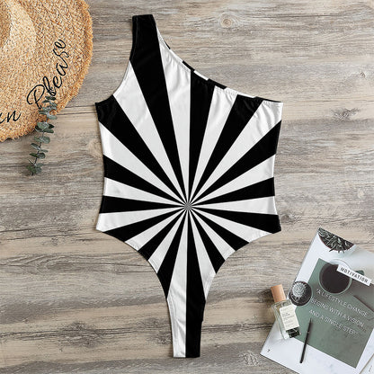Black And White Radial Rays Print One Shoulder Bodysuit