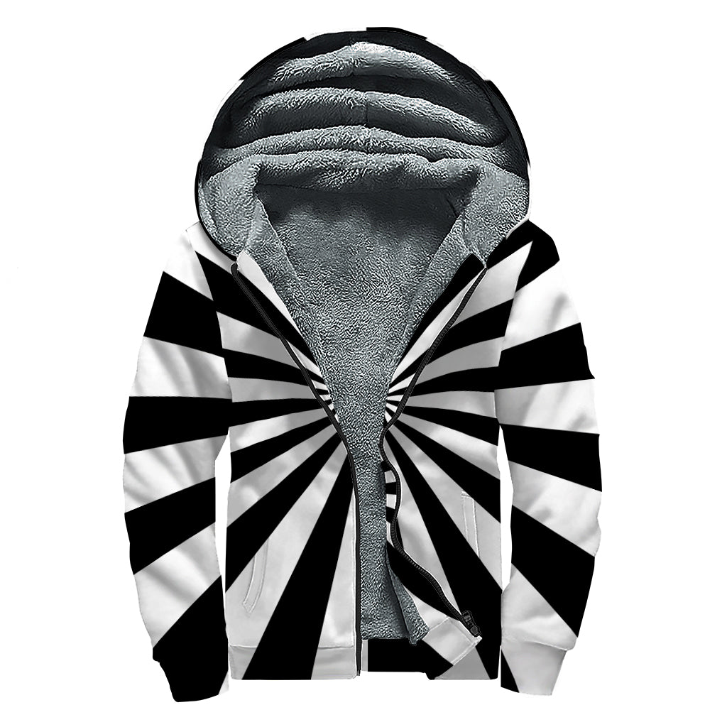 Black And White Radial Rays Print Sherpa Lined Zip Up Hoodie