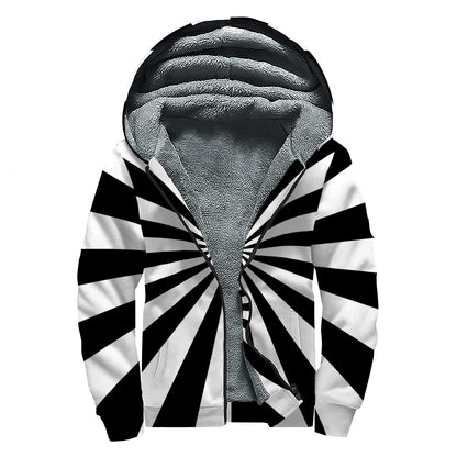 Black And White Radial Rays Print Sherpa Lined Zip Up Hoodie
