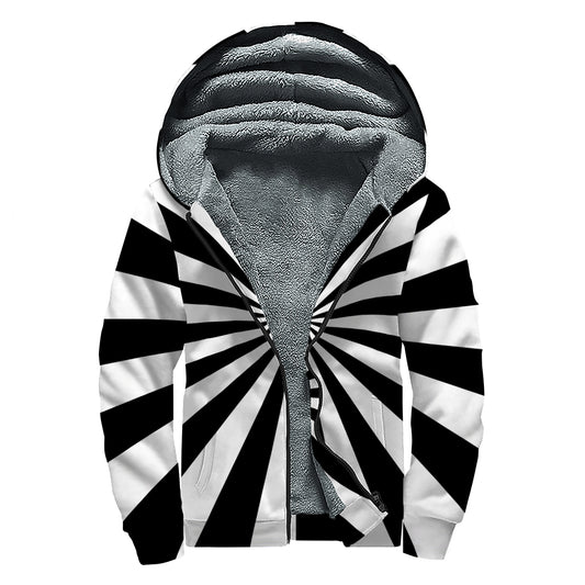 Black And White Radial Rays Print Sherpa Lined Zip Up Hoodie