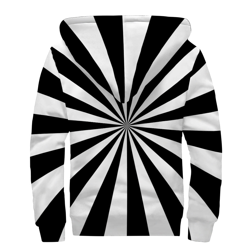 Black And White Radial Rays Print Sherpa Lined Zip Up Hoodie