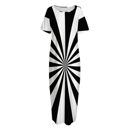 Black And White Radial Rays Print Short Sleeve Long Nightdress