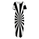 Black And White Radial Rays Print Short Sleeve Long Nightdress