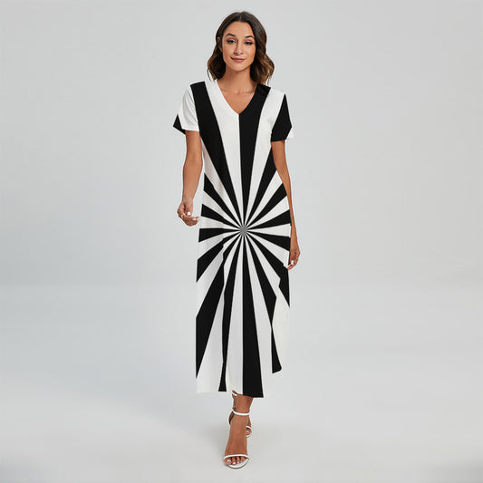 Black And White Radial Rays Print Short Sleeve Maxi Dress