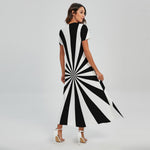 Black And White Radial Rays Print Short Sleeve Maxi Dress