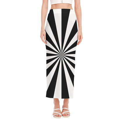Black And White Radial Rays Print Side Slit Maxi Skirt