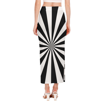 Black And White Radial Rays Print Side Slit Maxi Skirt