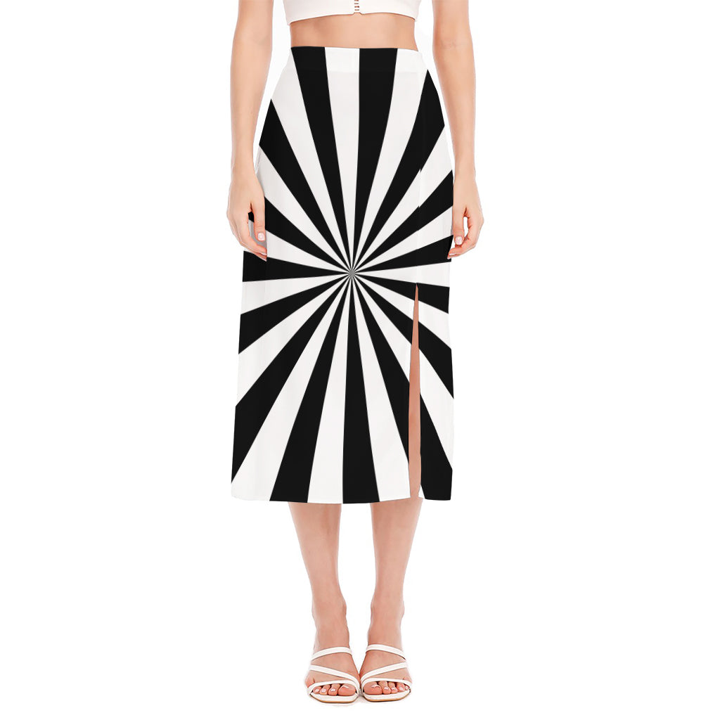 Black And White Radial Rays Print Side Slit Midi Skirt