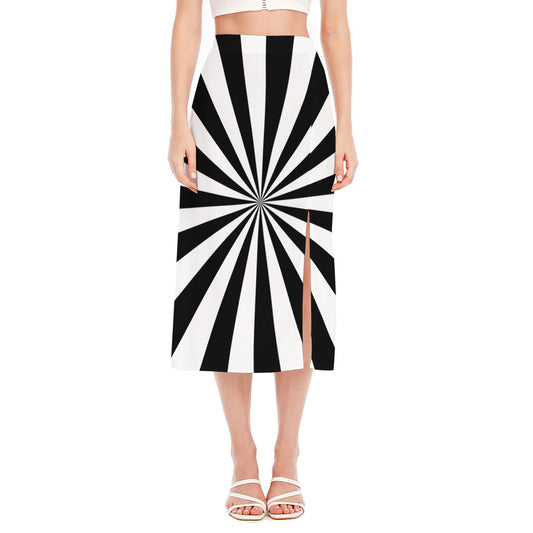 Black And White Radial Rays Print Side Slit Midi Skirt