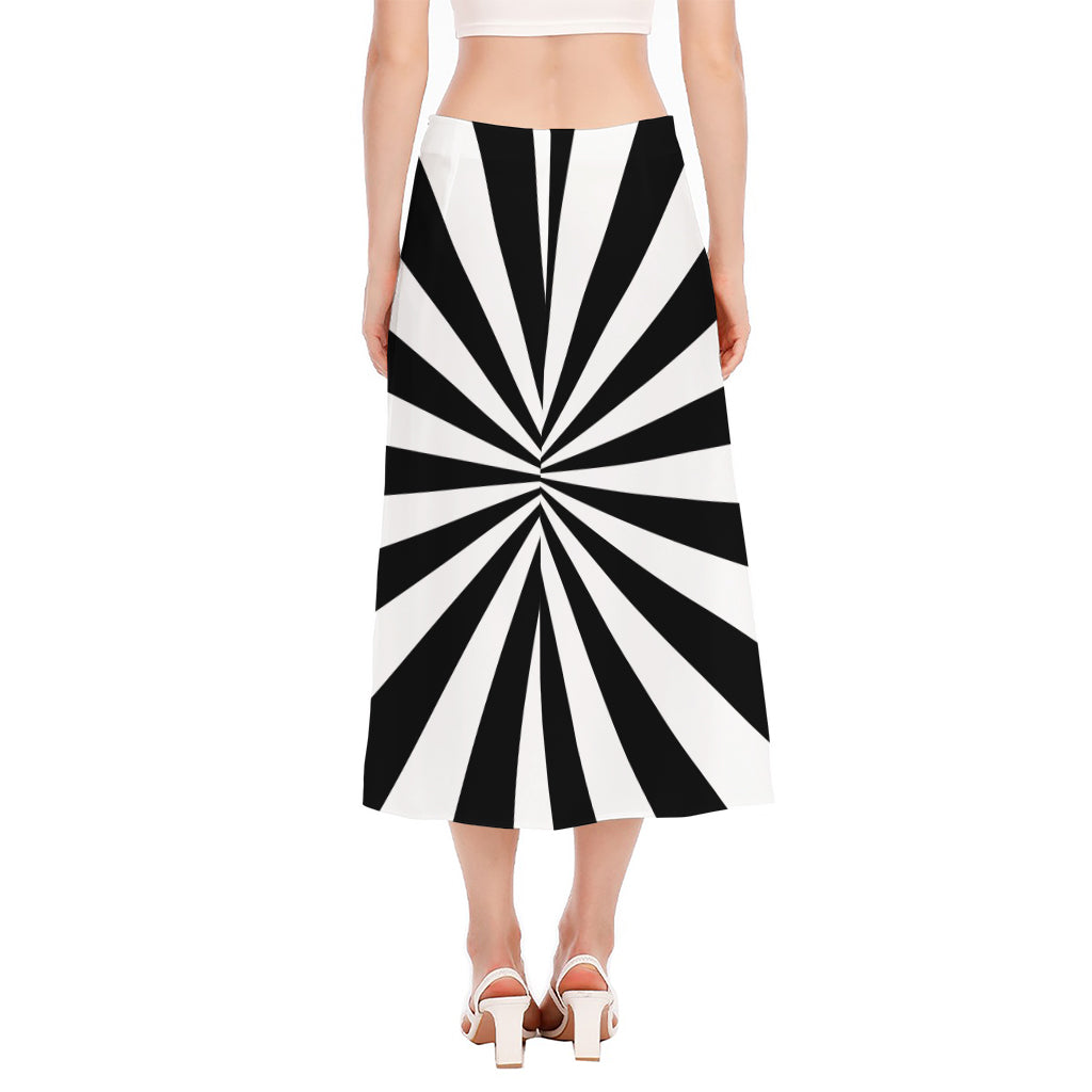 Black And White Radial Rays Print Side Slit Midi Skirt
