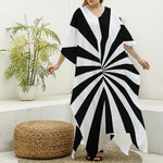 Black And White Radial Rays Print Silk V-Neck Kaftan Dress