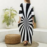Black And White Radial Rays Print Silk V-Neck Kaftan Dress