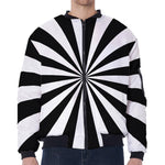 Black And White Radial Rays Print Zip Sleeve Bomber Jacket