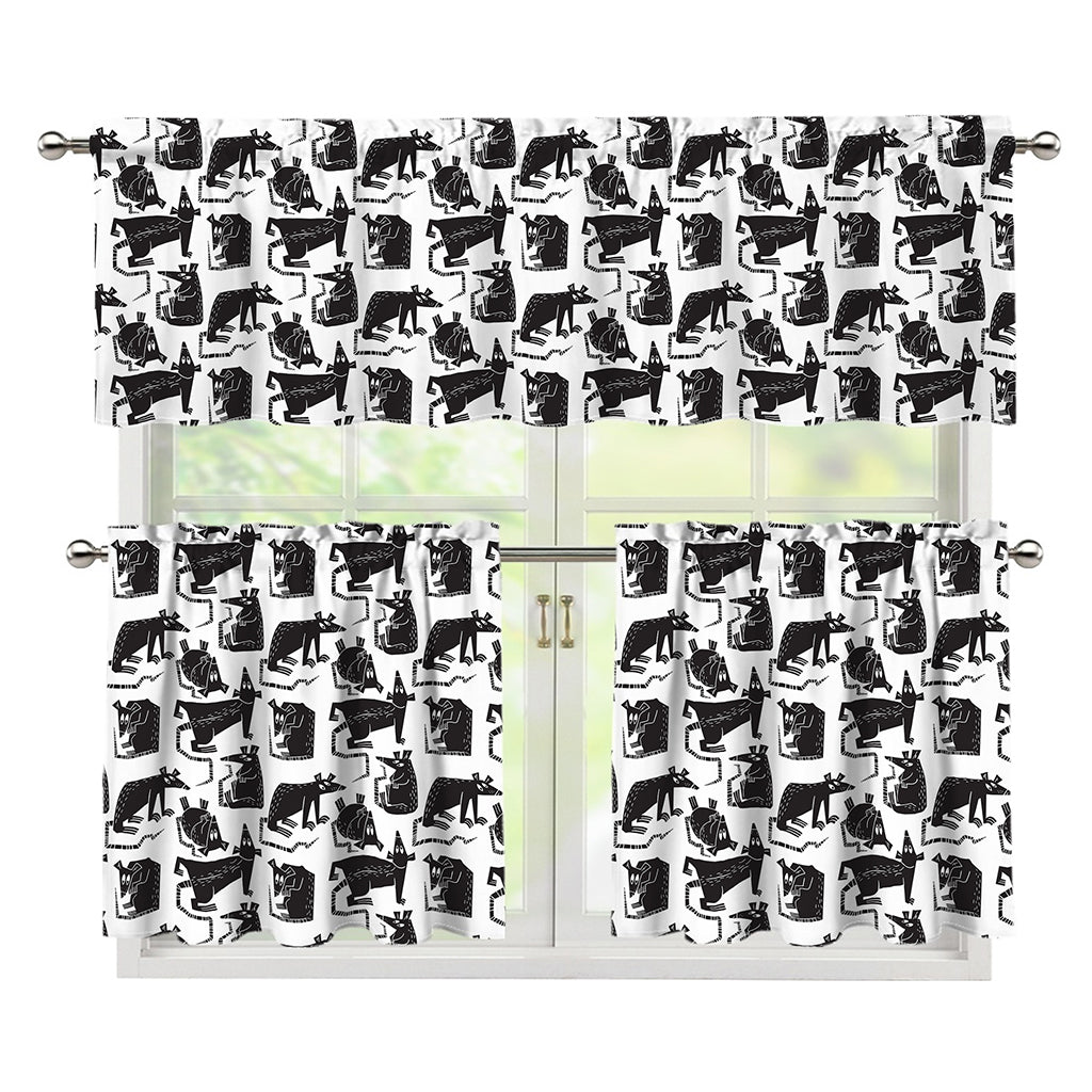 Black And White Rat Pattern Print 3 Piece Kitchen Curtains