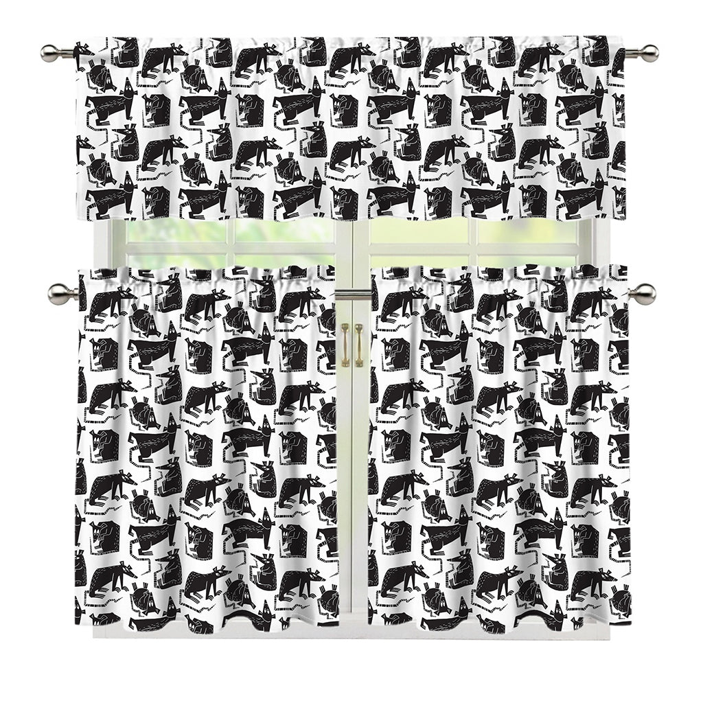 Black And White Rat Pattern Print 3 Piece Kitchen Curtains
