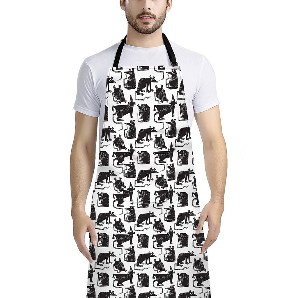 Black And White Rat Pattern Print Bib Apron With Pocket