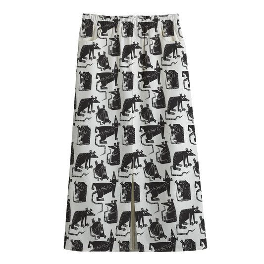 Black And White Rat Pattern Print Cotton Front Slit Maxi Skirt