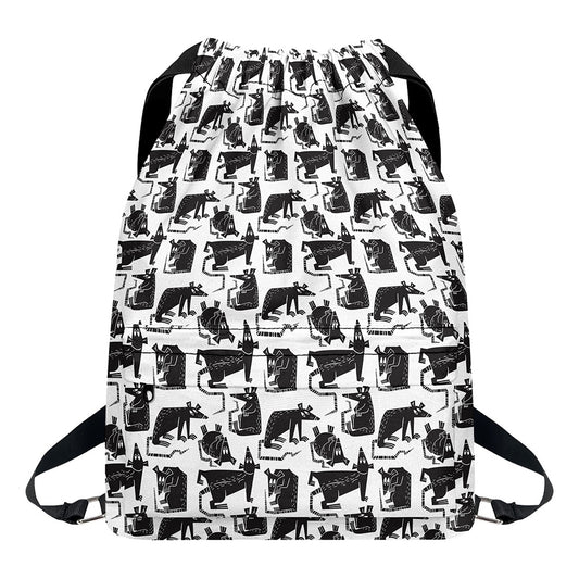 Black And White Rat Pattern Print Drawstring Backpack