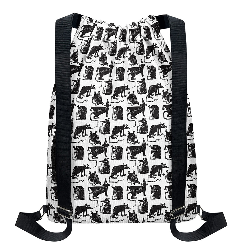 Black And White Rat Pattern Print Drawstring Backpack