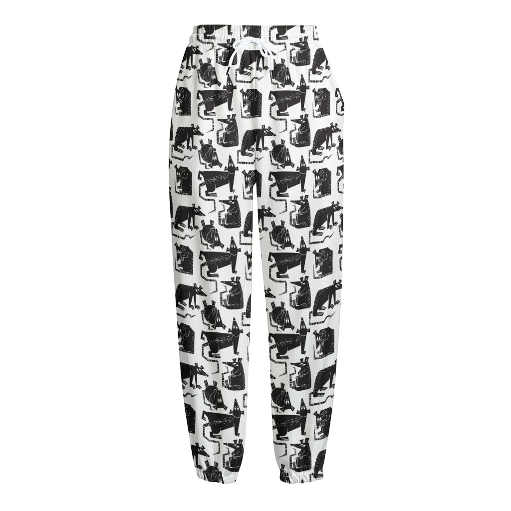Black And White Rat Pattern Print Fleece Lined Knit Pants