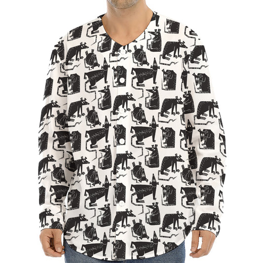 Black And White Rat Pattern Print Long Sleeve Baseball Jersey