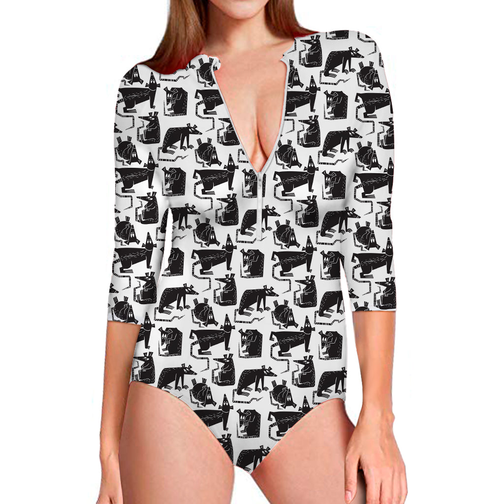 Black And White Rat Pattern Print Long Sleeve Swimsuit