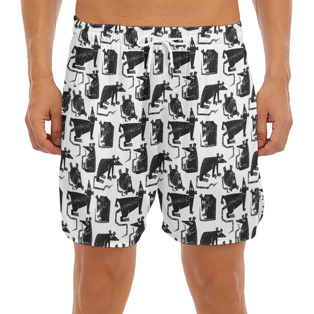 Black And White Rat Pattern Print Men's Split Running Shorts